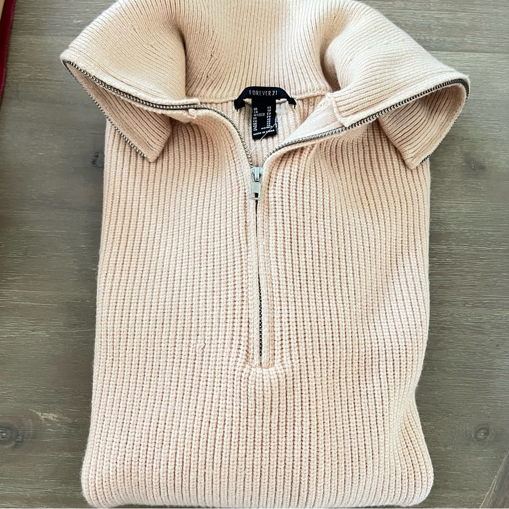 Forever 21 Womens Cream Zip-Up Collar Sweater